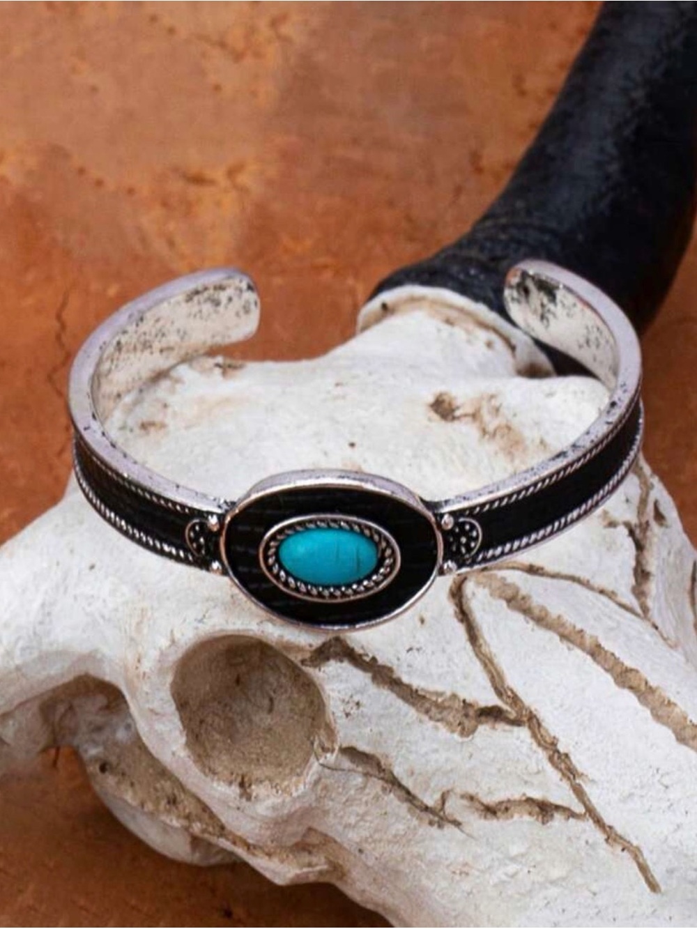 Western Turquoise Center Black and Silver Cuff Bracelet - Women Jewelry